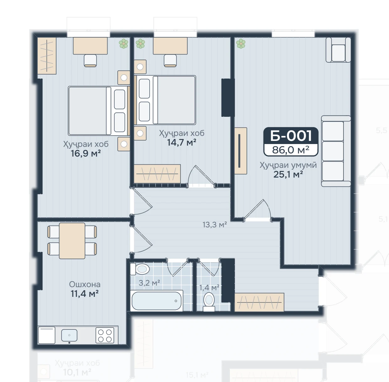 Блок Б · 3 комнаты · 86,0 м²